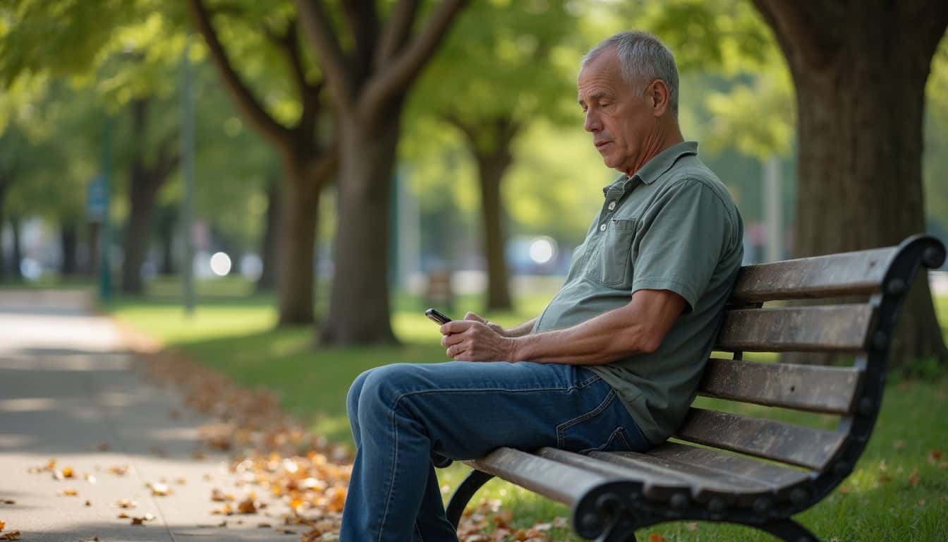 A man in his 30s sits alone on a park bench, appearing thoughtful and relaxed in casual attire. Older man sitting on park bench using smartphone in outdoor park setting.