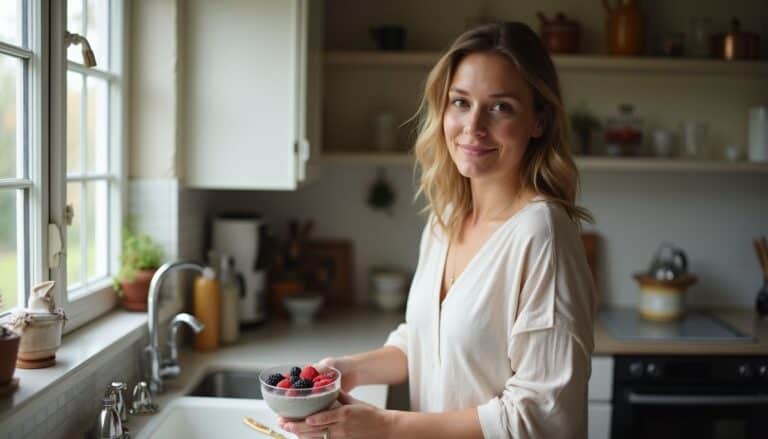 Fresh berries bowl in woman’s hands at cozy home kitchen, healthy eating, breakfast, healthy lifestyle, natural light, daytime, lifestyle photography, Unfinished Man.