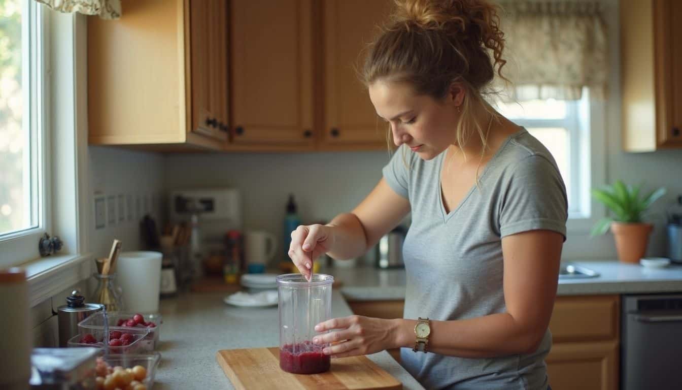 Blend of a woman making a smoothie in the kitchen, healthy lifestyle, woman preparing drink, nutritious beverage, modern kitchen setting, lifestyle balance, healthy habits, woman in casual attire, kitchen interior design, self-care routines.