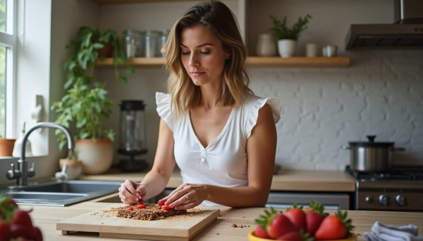 Fresh strawberries and a woman preparing a healthy snack in a modern kitchen.