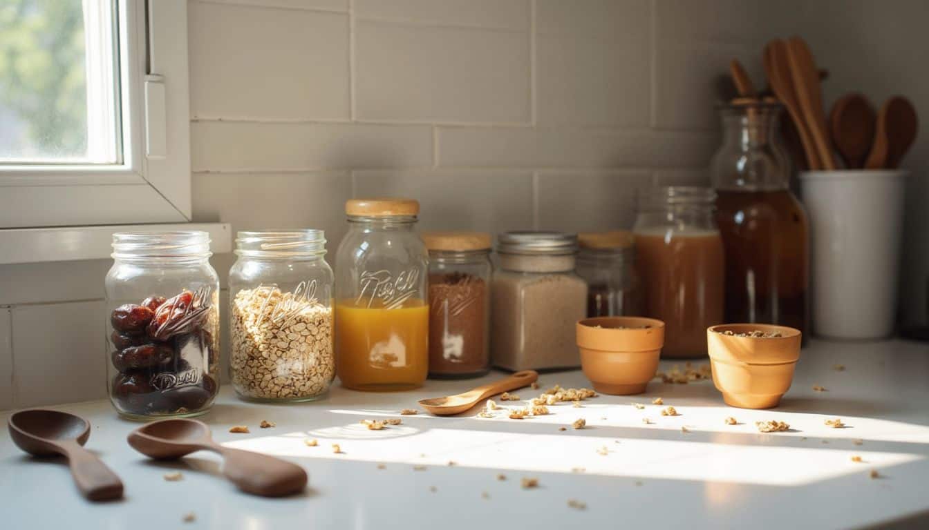 Jars of cereal, dried fruit, and juice on a kitchen countertop with spoons and scattered cereal pieces, captured in natural sunlight, emphasizing healthy breakfast options and kitchen organization.