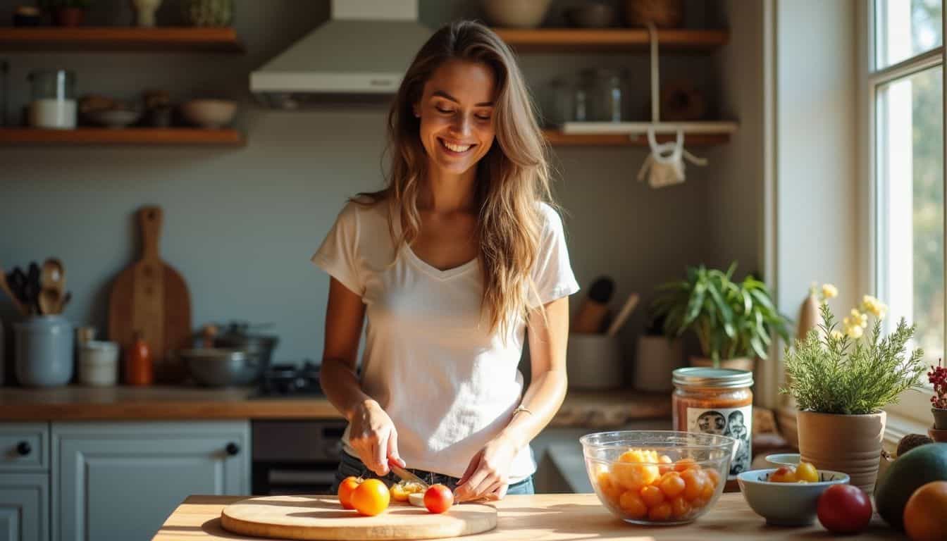 Fresh organic tomatoes on a cutting board in a modern kitchen with natural sunlight.