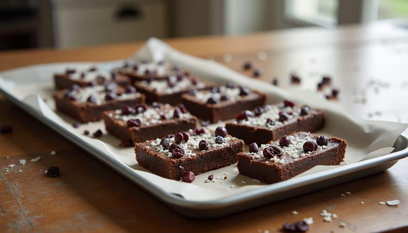 Rich chocolate cherry brownies topped with powdered sugar on a baking sheet, ready to serve, with a blurred kitchen background.