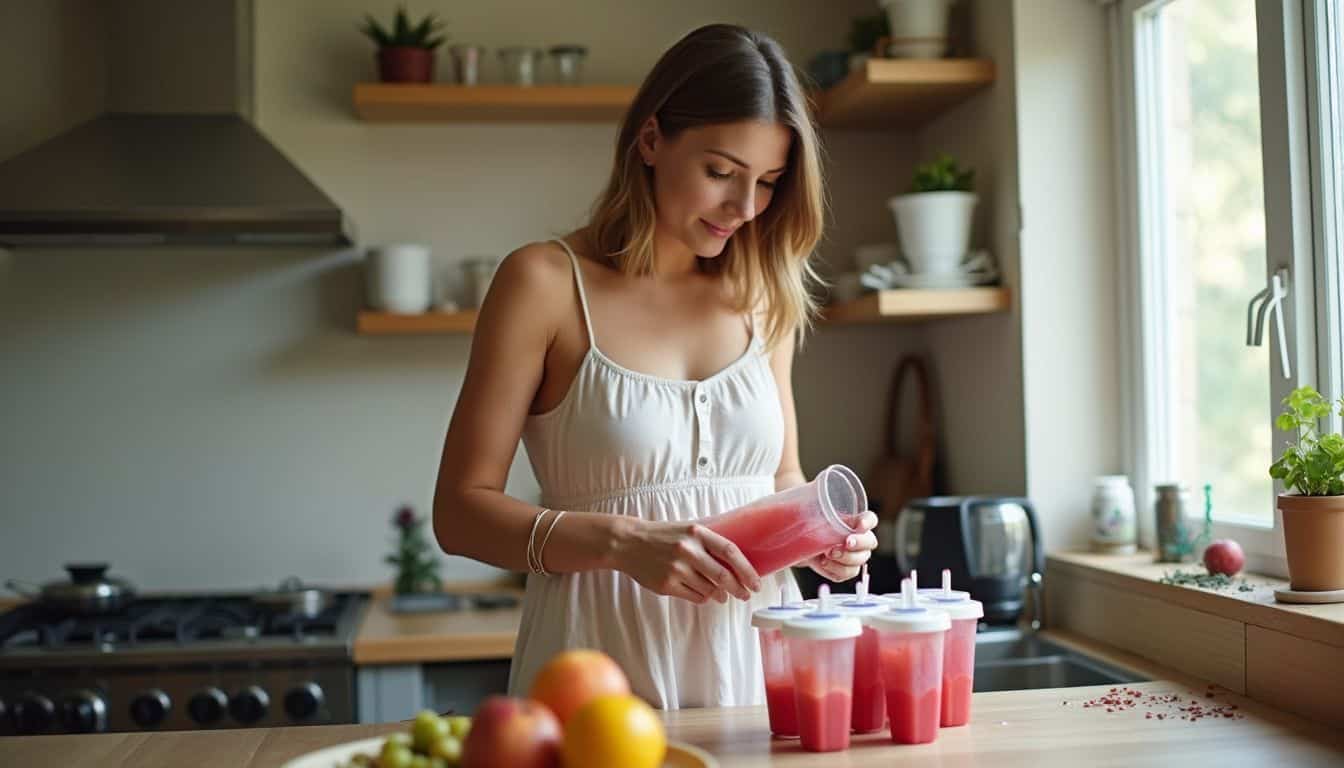 Refreshing homemade fruit smoothies in a cozy kitchen, woman preparing drinks, healthy lifestyle, summer beverages, natural light, modern home decor.