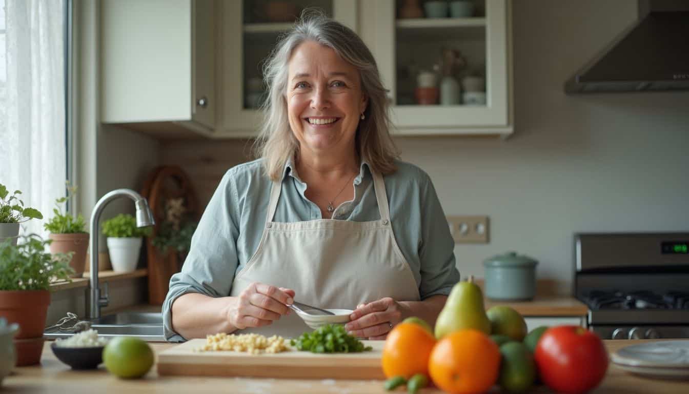 Fresh home-cooked meal preparation by a cheerful woman in cozy kitchen with fresh fruits and herbs.
