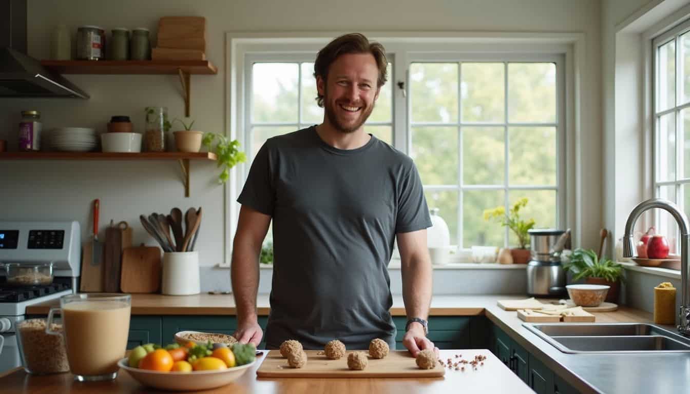 Relaxed man baking healthy energy bites in bright kitchen with fresh ingredients for a nutritious lifestyle, lifestyle and taste.