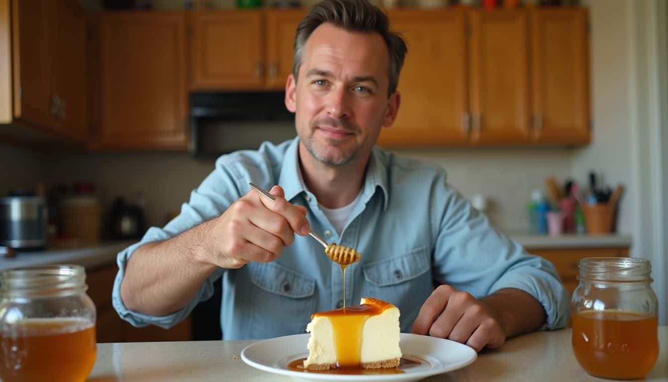 Sweet man enjoying cheesecake with honey jars on a kitchen countertop.