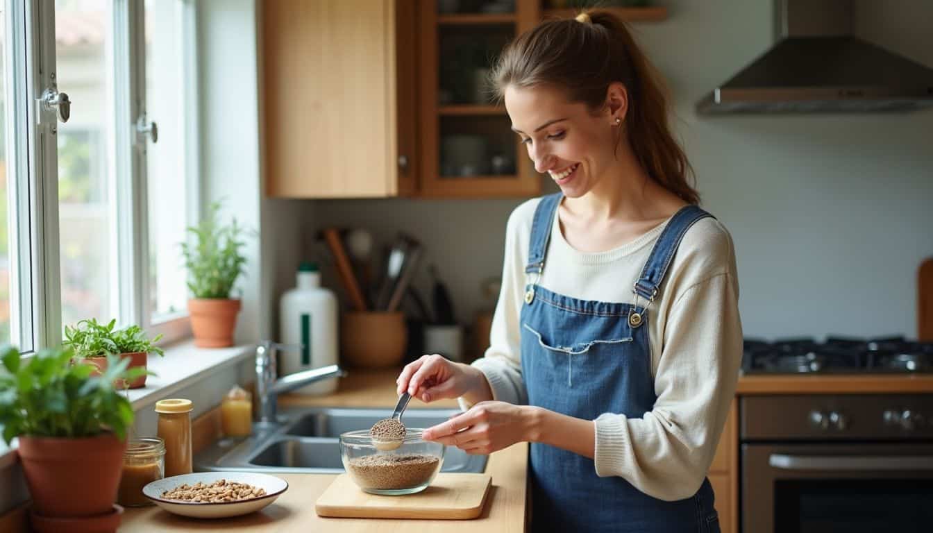 Fresh herbal plants on kitchen windowsill in the background, young woman in casual outfit preparing oatmeal breakfast, modern kitchen interior, natural daylight, cheerful mood, healthy lifestyle.