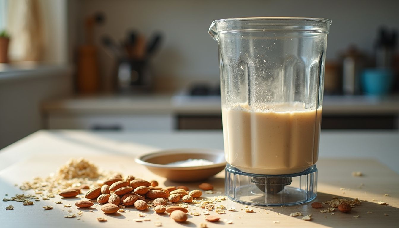 A casual kitchen scene features a blender with scattered almonds, oats, and stevia, reflecting a relaxed, lived-in atmosphere.