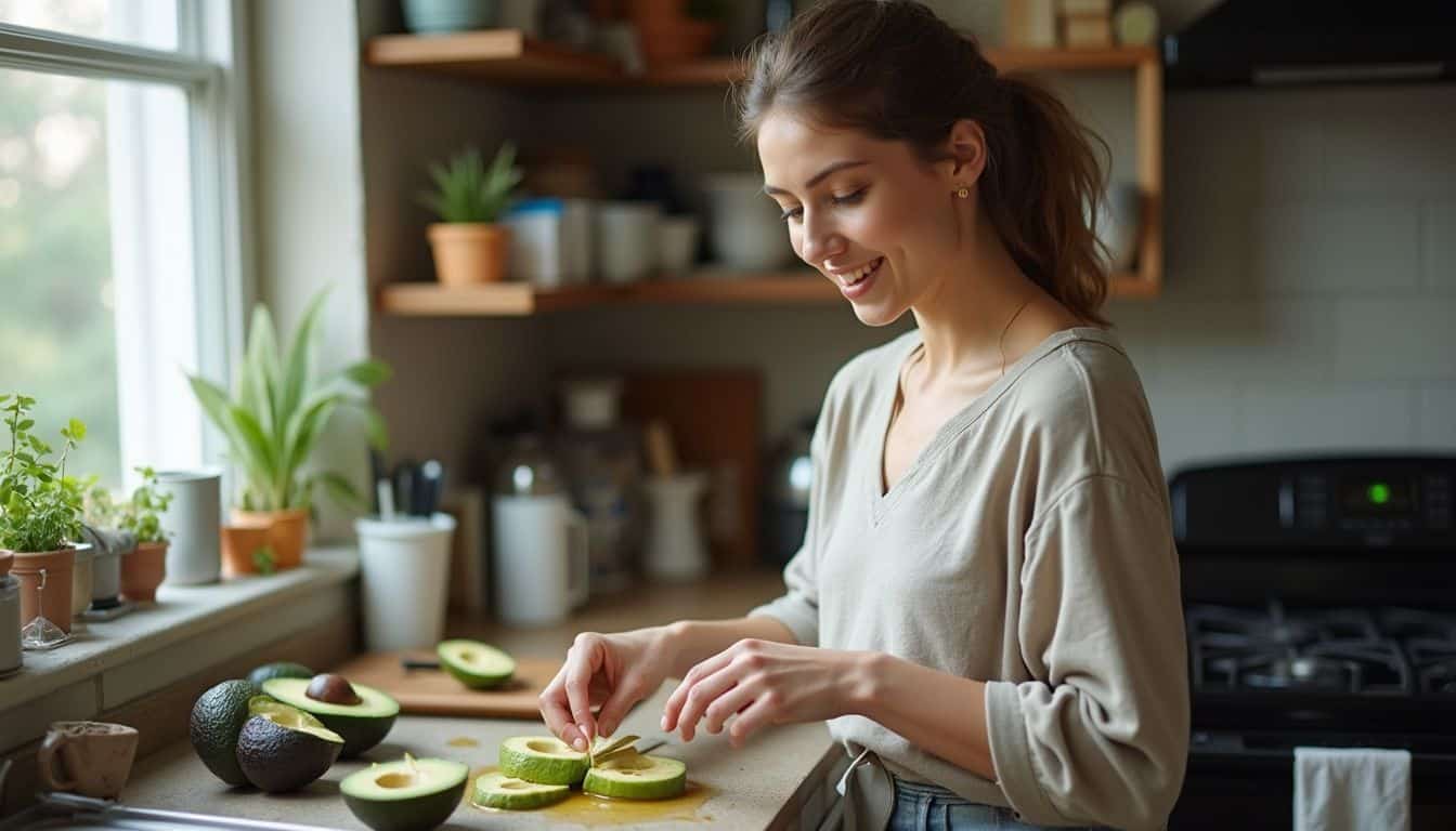 Fresh avocado slicing for healthy eating at home in a cozy kitchen.