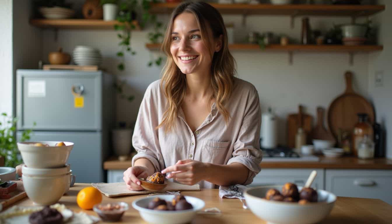 Delicious homemade chocolate truffles in a cozy, modern kitchen with fresh ingredients and natural lighting.