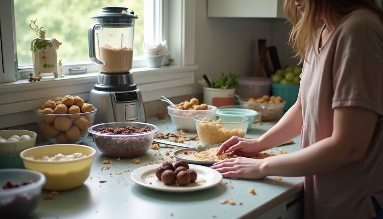 Homemade cookie dough being prepared in a bright kitchen with various bowls of ingredients, a blender, and a window view.