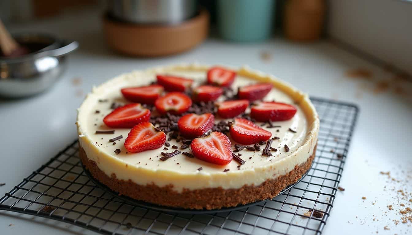 Fresh strawberry cheesecake with chocolate shavings on top, placed on a cooling rack in a bright kitchen setting. Perfect for dessert lovers and cake enthusiasts.