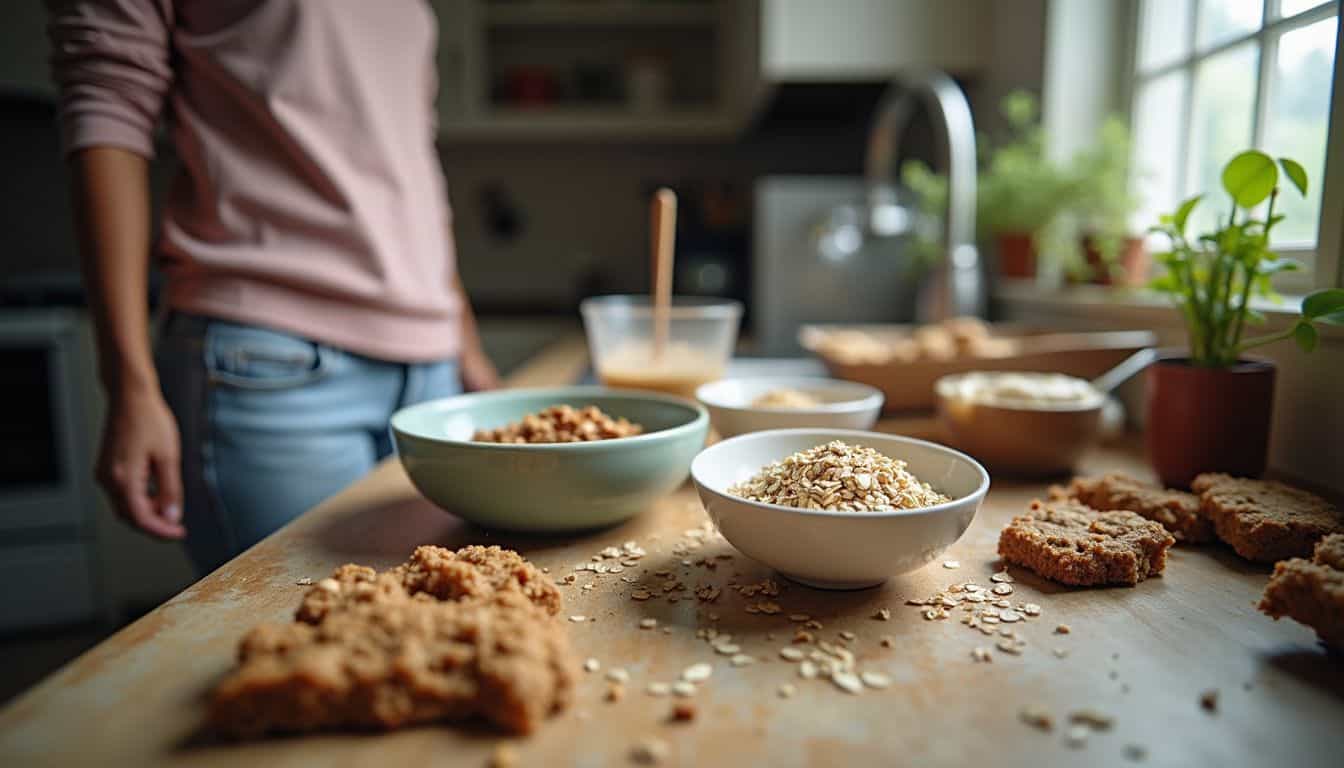 Freshly baked cookies and oatmeal ingredients on a wooden kitchen table, with sunlight streaming through the window, creating a cozy and inviting atmosphere for homemade baking.