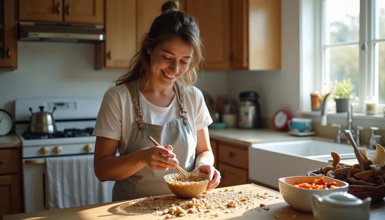 Homemade baking in a cozy kitchen with a smiling woman preparing dough, embodying a warm, inviting atmosphere perfect for content about lifestyle, cooking, and self-improvement.