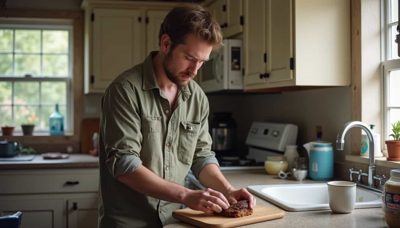 Man preparing steak on cutting board in a cozy kitchen.
