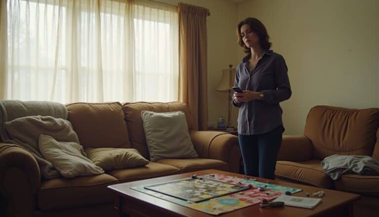 Young woman playing Monopoly game in living room, casual home setting, indoor entertainment, leisure activity, social game, relaxing atmosphere, spending quality time with family or friends.