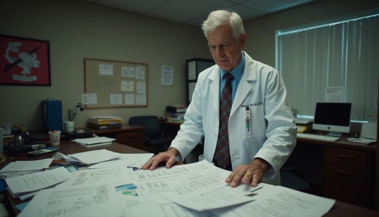 Urgent care doctor reviewing medical documents in a clinic office, emphasizing healthcare, medical professionalism, and patient care.