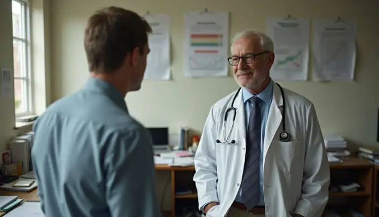 Friendly older male doctor consulting with a young male patient in a bright, professional medical office.