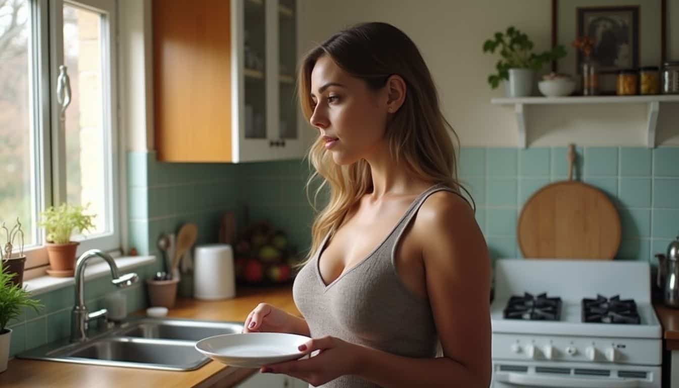 A woman in her 30s considers whether to get more food while holding a small dinner plate in her kitchen. Quiet, reflective woman standing in a cozy kitchen, holding a plate and gazing thoughtfully outside the window. Casual, everyday setting with natural light, modern decor, and potted plants, embodying calm and everyday life.
