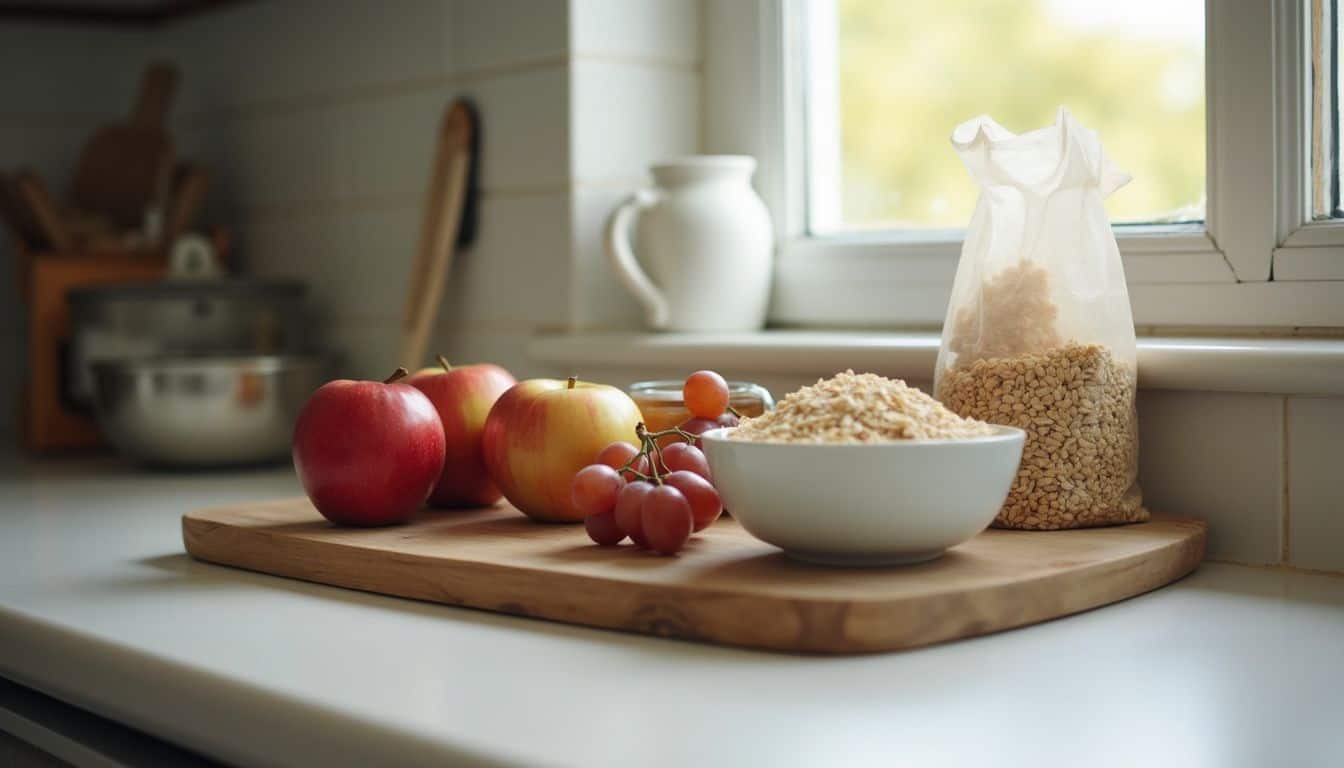 A casual kitchen countertop displays groceries including apples, grapes, brown rice, and oats alongside everyday kitchen clutter. Fresh apples, grapes, and oatmeal on a wooden cutting board in a cozy kitchen setting.