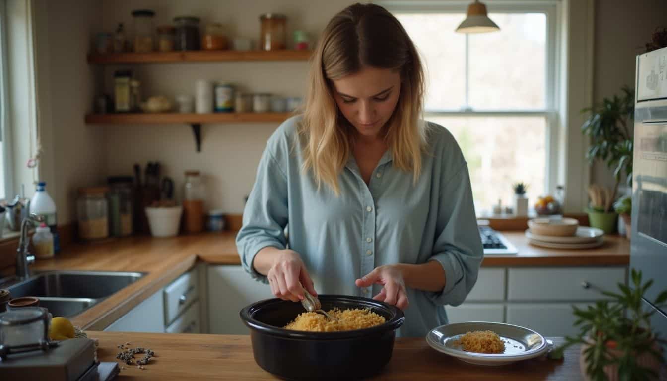 A woman in her 30s prepares ingredients for a slow cooker in her cozy, lived-in kitchen. Freshly prepared homemade couscous being served in a cozy modern kitchen, emphasizing comfort and healthy eating lifestyle.