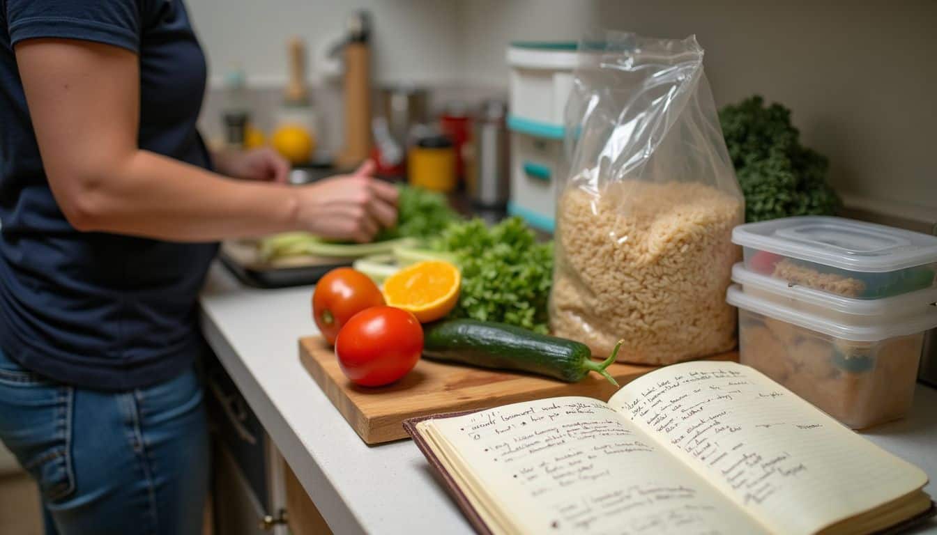 A casual kitchen scene shows a cluttered counter with healthy meal prep items and notes on eating well. Fresh vegetables and cooking ingredients on kitchen counter, including tomatoes, cucumber, orange, and leafy greens, with a recipe notebook in the foreground.