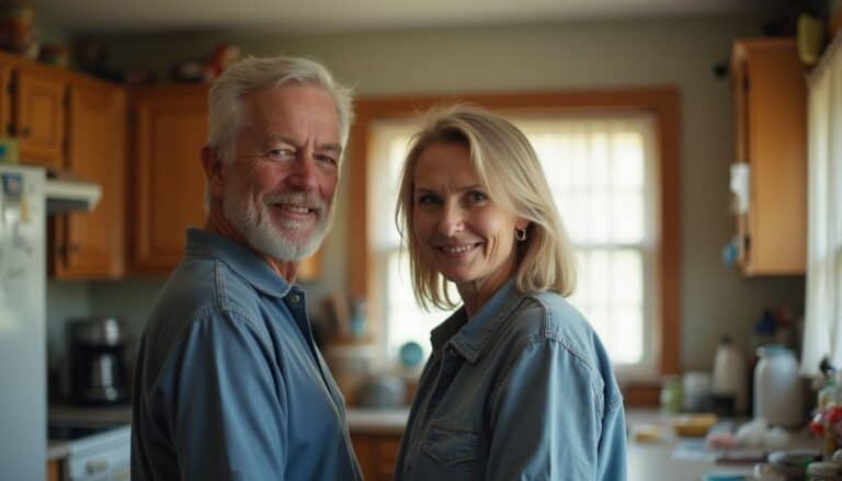 Happy mature couple in casual denim shirts smiling in cozy kitchen – lifestyle photography for Unfinished Man.
