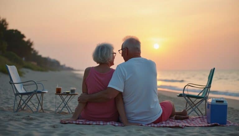 Relaxing elderly couple enjoying sunset beach moment, sitting on blanket with drinks and cooler, peaceful seaside scene for mature lifestyle and romantic getaway keywords.
