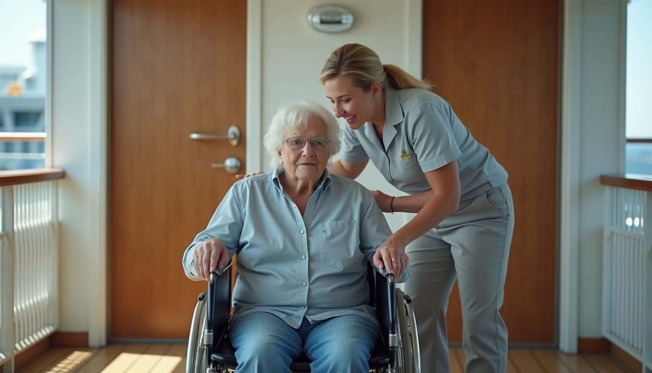 A senior woman in a wheelchair is assisted by a crew member on a cruise ship deck.