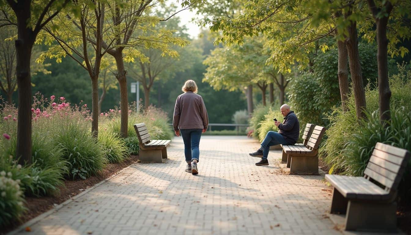 A candid photo captures a relaxed moment in a simple, unkempt botanical garden with worn paths and scattered leaves.