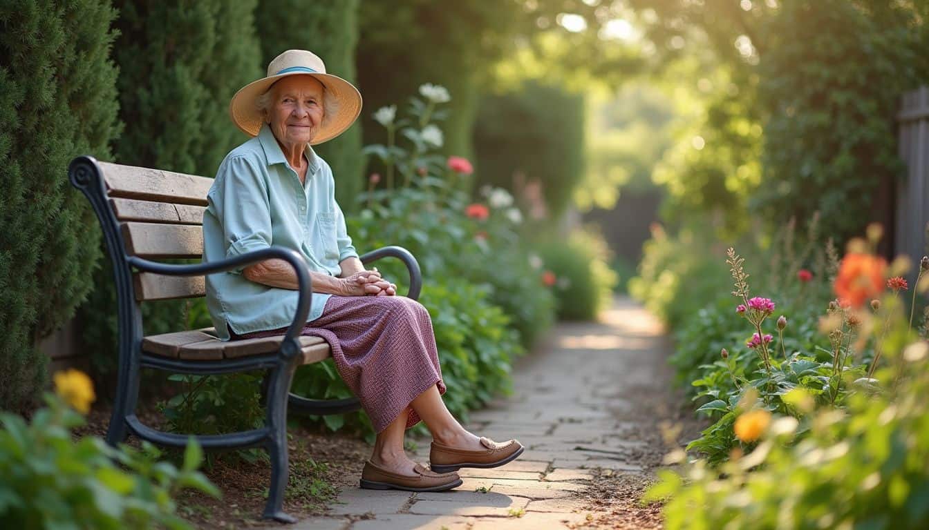 An elderly woman in a wide-brimmed hat sits relaxed on a worn bench in a lively neighborhood garden.