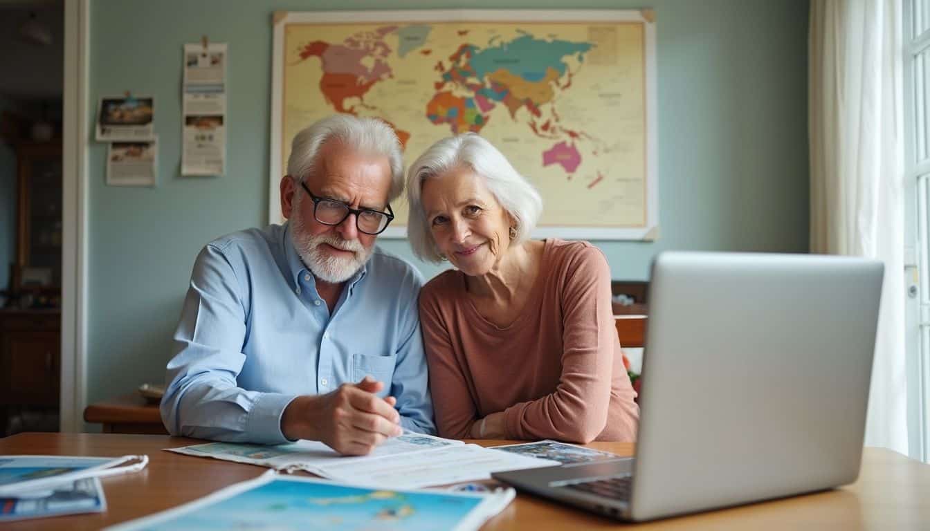 An older couple discusses vacation plans at their dining table, surrounded by travel brochures and a map.
