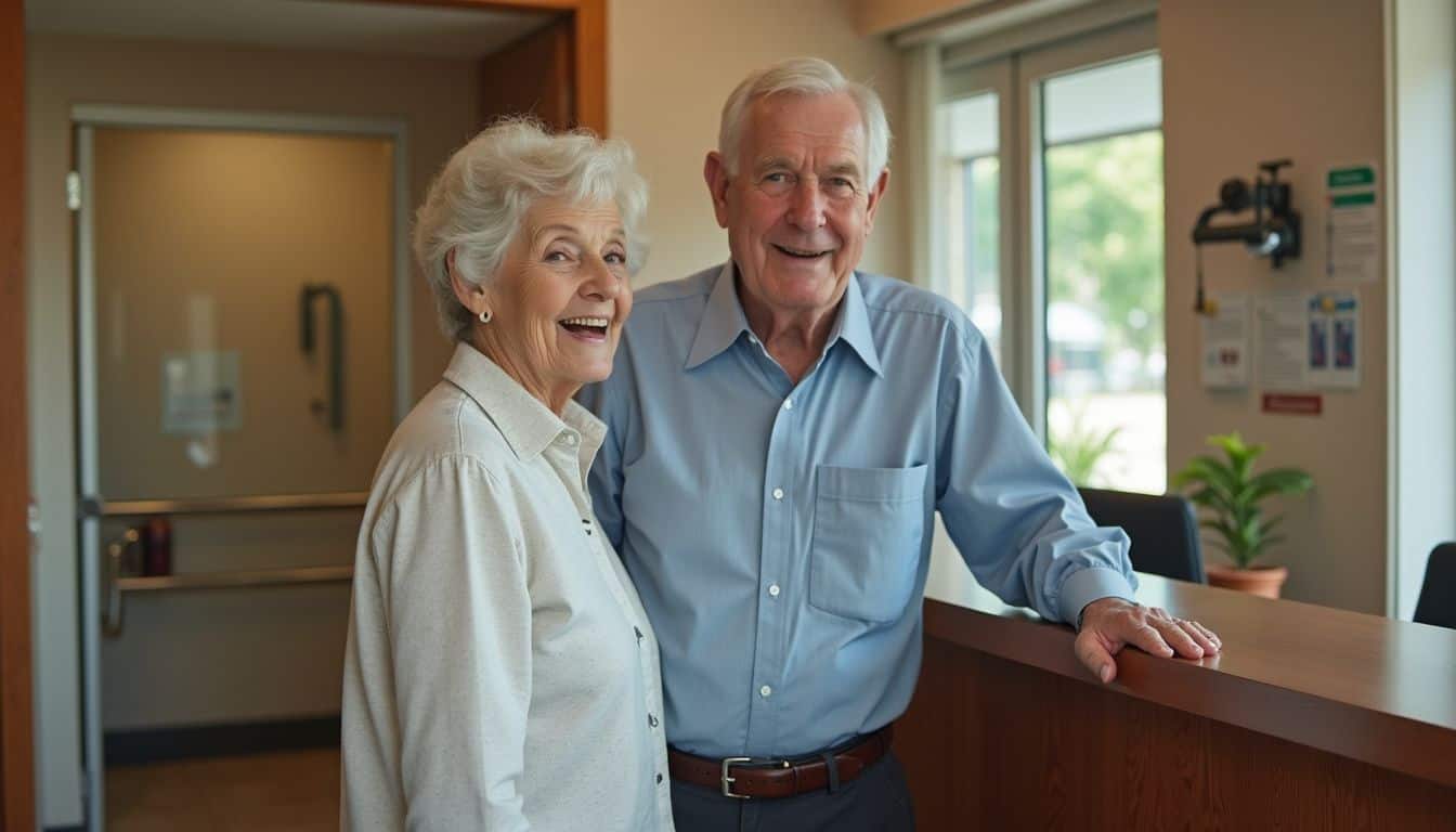 An older couple casually checks in at a hotel lobby, highlighting a relatable everyday moment.