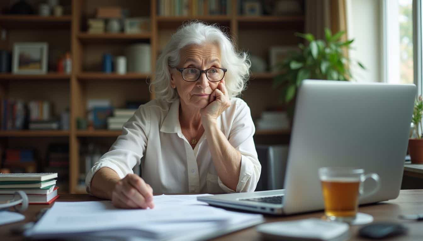 An elderly woman sorts through medical and travel insurance papers at her cluttered desk in a cozy living room.
