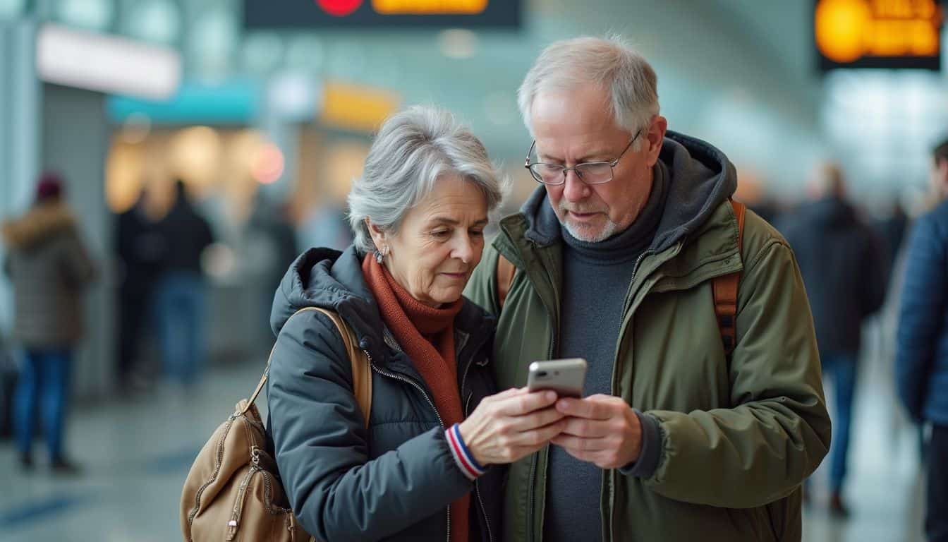 Older couple at airport looking at smartphone, travel, vacation, communication, technology, leisure, flying, airports.