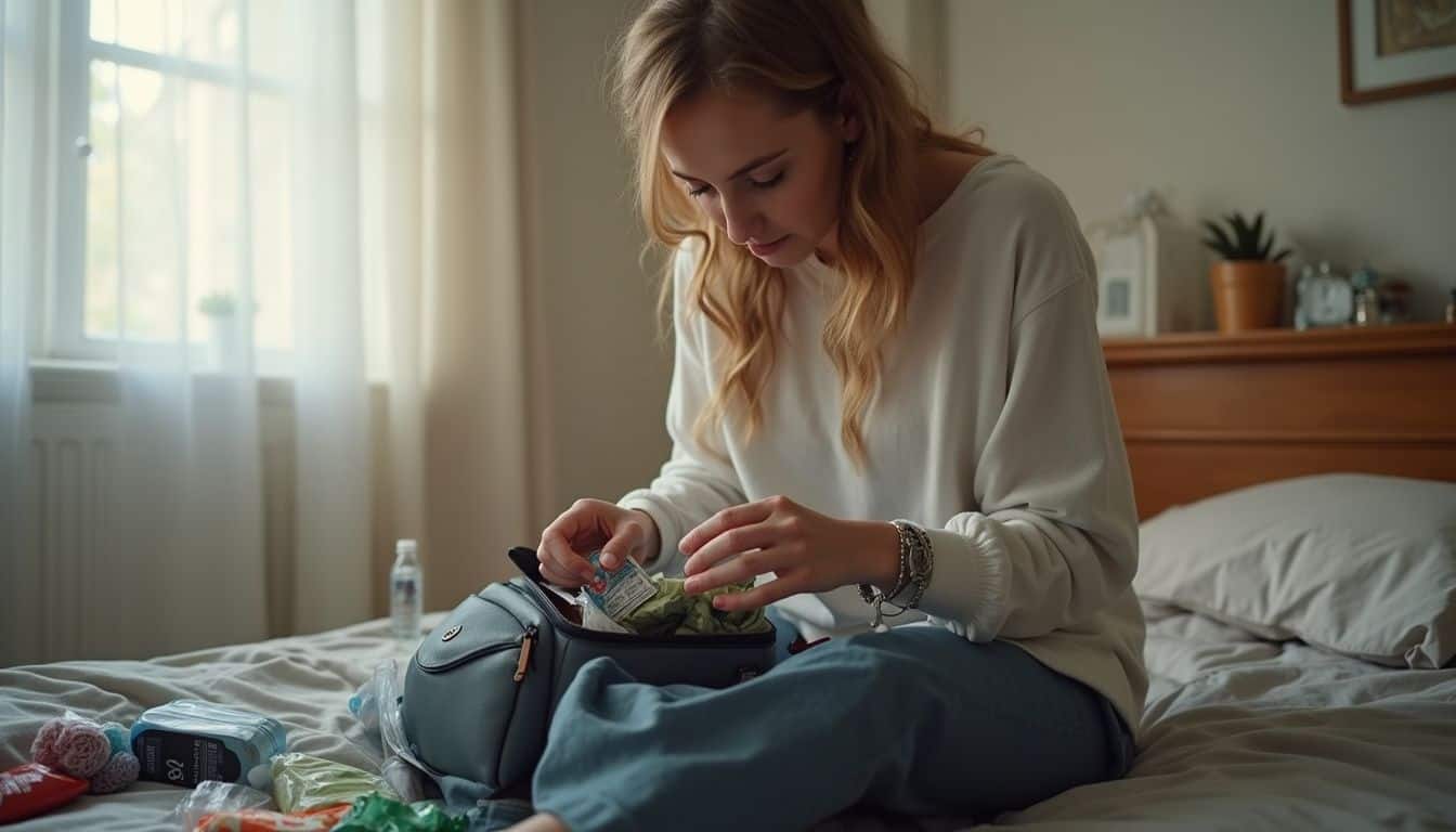 Emergency medical kit, first aid supplies, woman preparing travel medical essentials, packing medications on bed.