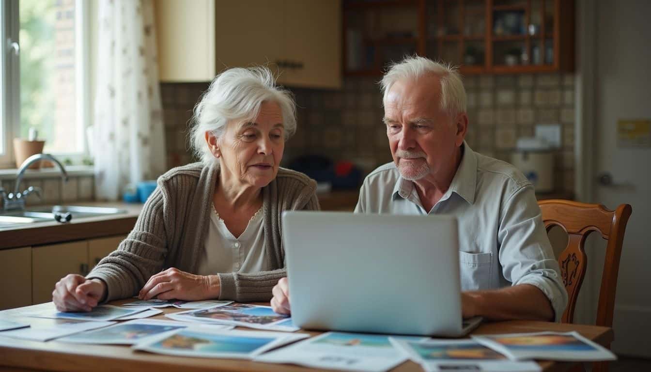 An elderly couple sits at their kitchen table, looking over travel brochures with a relaxed, familiar atmosphere.