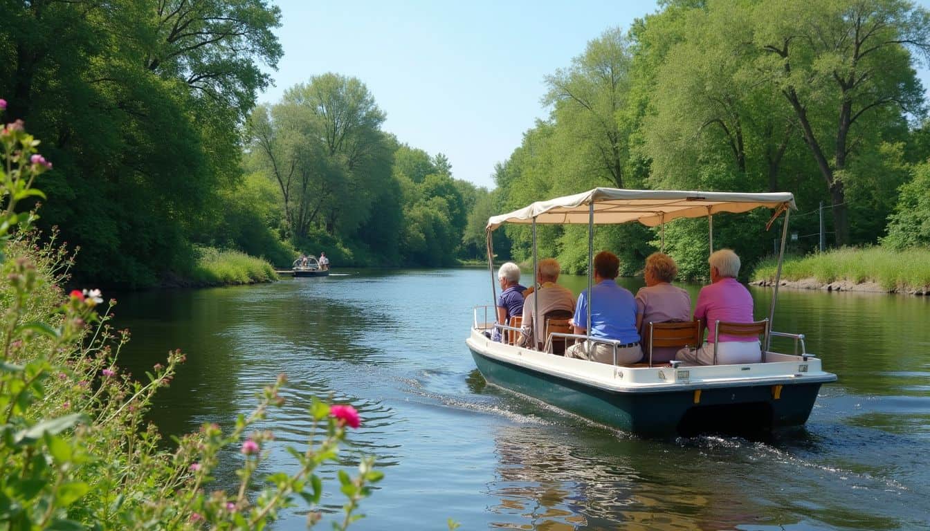 A leisurely river cruise boat with passengers glides past lush trees and wildflowers on a tranquil summer day.