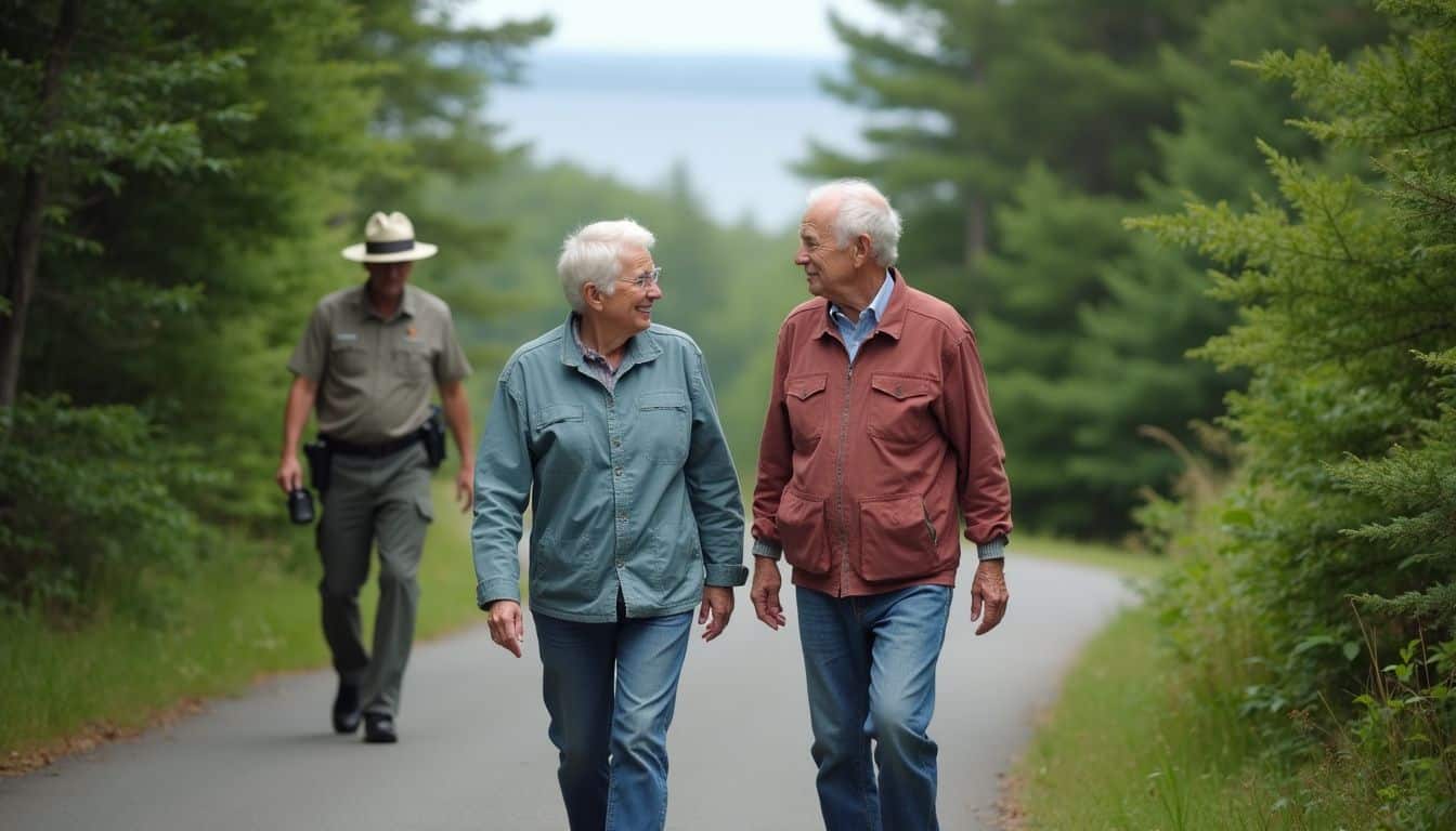 An older couple strolls along a paved trail in Acadia National Park, guided by a park ranger.