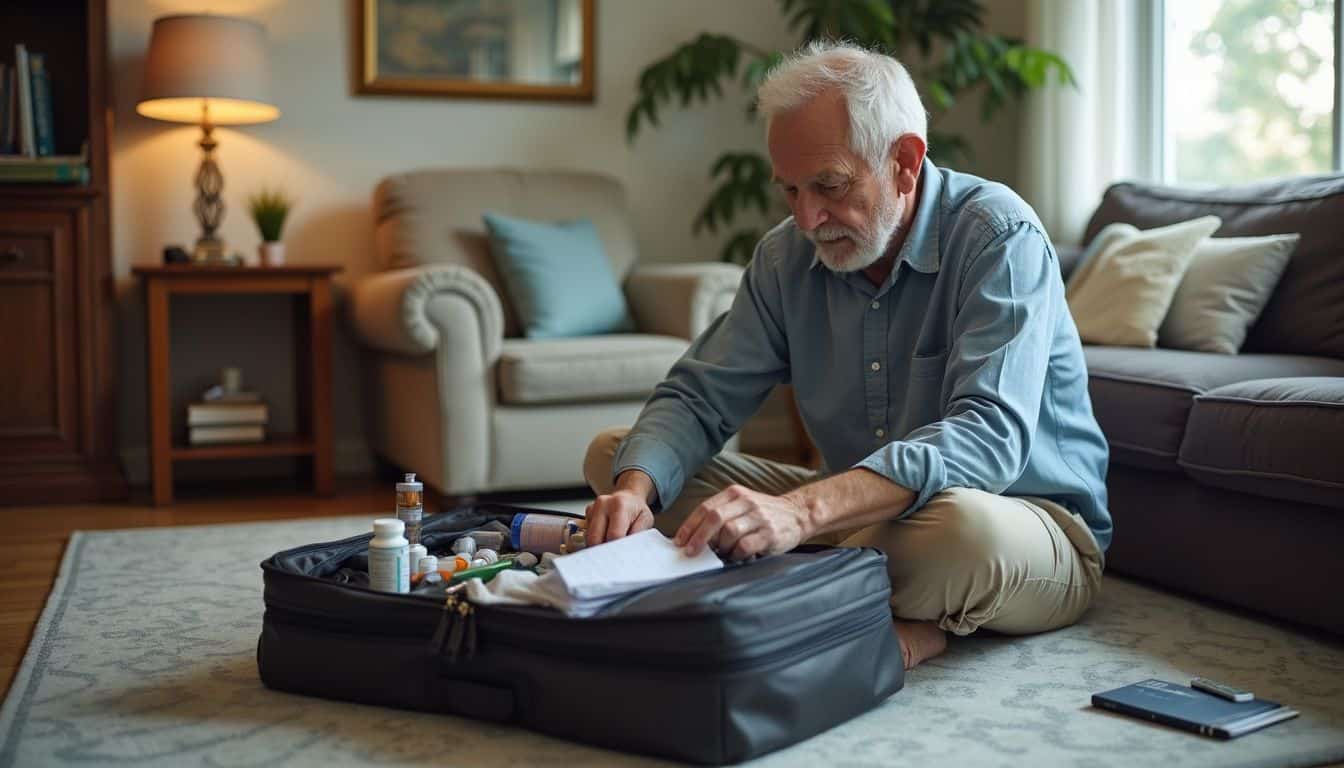 An older man prepares a travel bag with medications, clothing, and important documents in a casual living room setting.