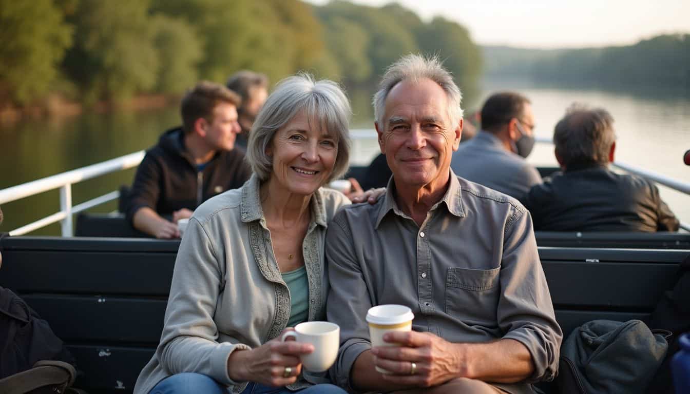 Relaxed senior couple enjoying coffee on a boat cruise by the lake, surrounded by friends in a scenic outdoor setting.