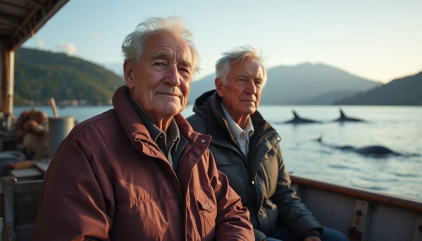 An elderly couple relaxes together on a boat in Alaska, enjoying a peaceful moment with whales in the background.