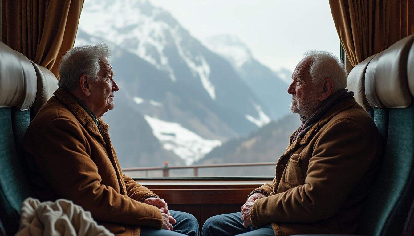 An older couple enjoys a casual train ride through the snowy Swiss Alps, looking out at the scenic views.