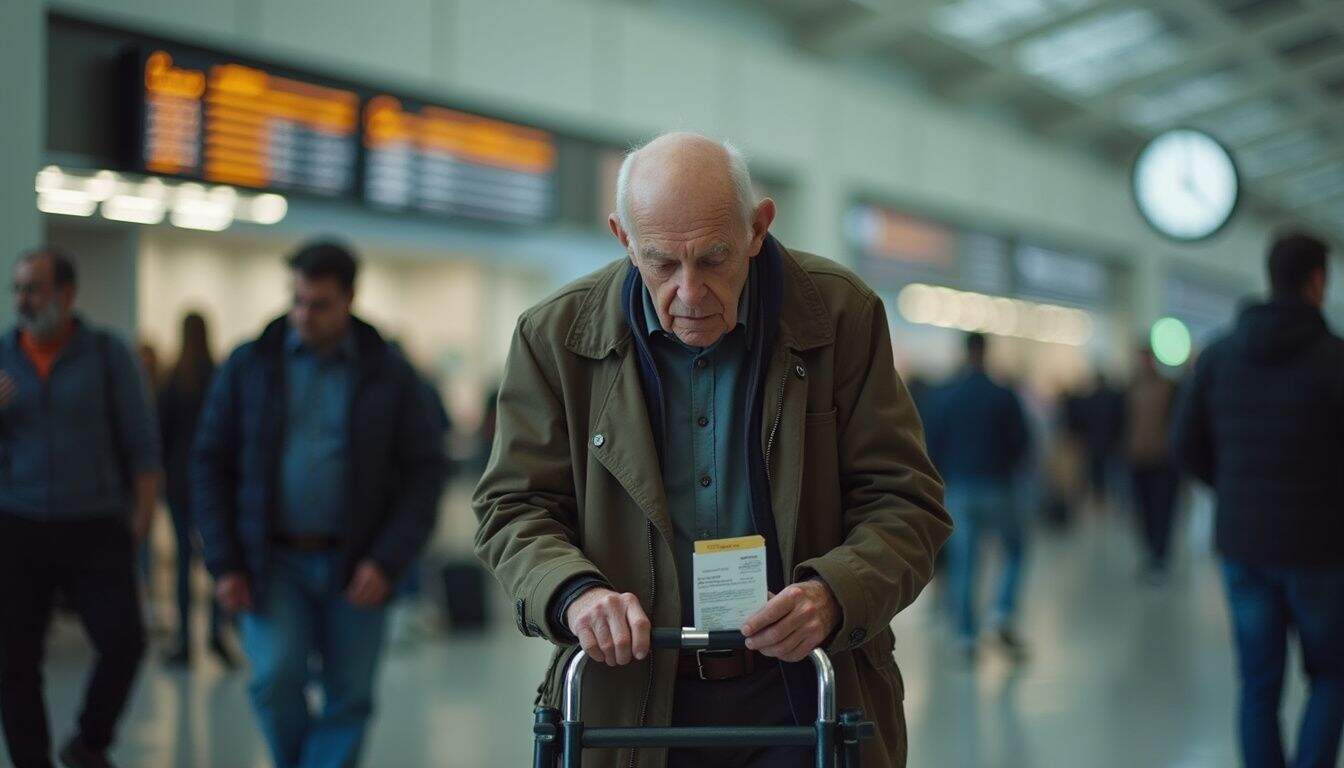 An elderly man with a walker looks anxiously at his boarding pass in a crowded airport terminal.