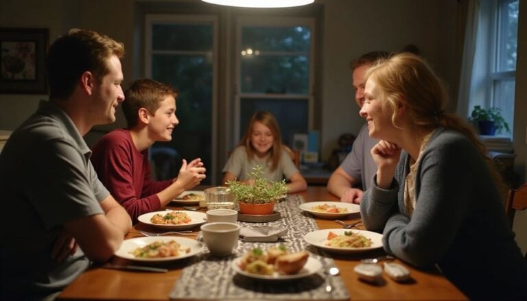 Family enjoying dinner together at the dining table, smiling and sharing a joyful moment, cozy home environment, bonding over meal, happy family life.