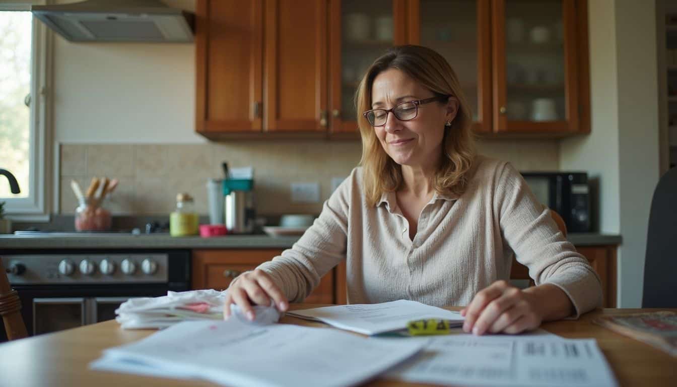 A woman in her late 30s reviews bills and receipts at a cluttered kitchen table, appearing relaxed yet tired.