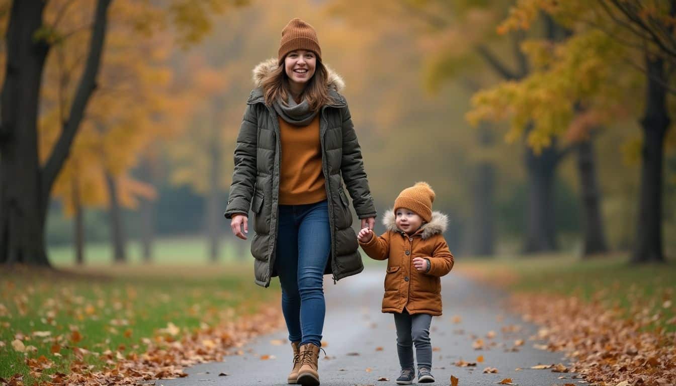 A nanny and toddler stroll through a park on a crisp fall day, surrounded by colorful leaves.
