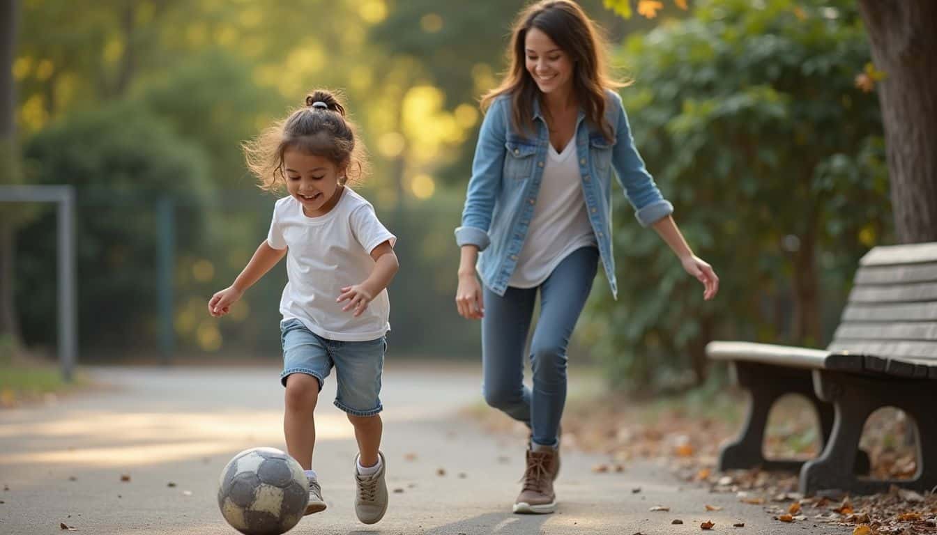 A child and their au pair are happily playing soccer in a neighborhood park, enjoying a casual afternoon together.