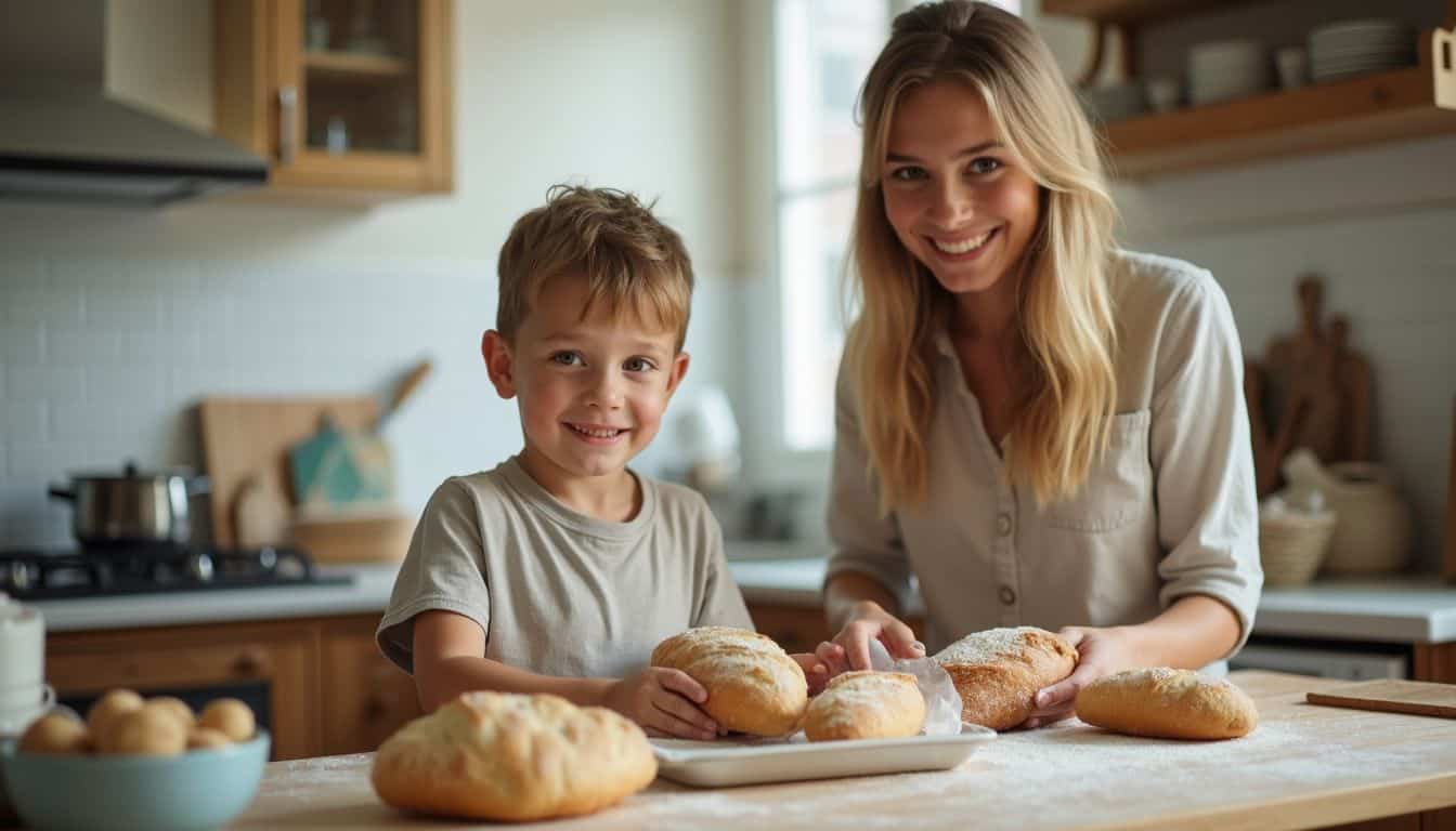 A kid and their au pair bake baguettes together in a cozy, cluttered kitchen moment.
